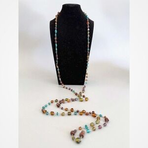 VTG Flapper Necklace 60" Multi Color Bead Glass Wood Silver Tone Chain Link Long